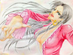 Rule 34 | 1girl, amazon warrior, black hair, boa hancock, breasts, cleavage, earrings, highres, jewelry, long hair, long sleeves, one piece, scan, solo, traditional media