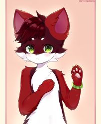 Rule 34 | 1other, :3, animal ears, animal hands, artist name, blush, bracelet, brown hair, cat ears, claws, closed mouth, completely nude, fang, fang out, furry, gradient background, green eyes, hand on own chest, hands up, happy, highres, jewelry, looking at viewer, methynecros, nude, orange background, original, pawpads, short hair, simple background, smile, solo, upper body, watermark, waving