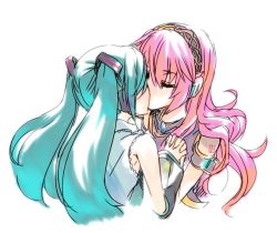 2girls aqua_hair bad_id bad_pixiv_id couple detached_sleeves closed_eyes holding_hands hatsune_miku headset kiss long_hair megurine_luka mizuki_(koko_lost) multiple_girls pink_hair twintails vocaloid yuri