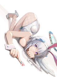 Rule 34 | 1girl, all fours, alternate costume, animal ears, aqua nails, arched back, ass, blue archive, breast press, breasts, closed mouth, cross-laced slit, dutch angle, fake animal ears, fake tail, finger painting, fishnet pantyhose, fishnets, grey footwear, grey hair, grey leotard, halo, head rest, high heels, highleg, highleg leotard, highres, leotard, long hair, looking at viewer, medium breasts, nail polish, noa (blue archive), pantyhose, playboy bunny, purple eyes, rabbit ears, rabbit tail, shadow, simple background, solo, sunga2usagi, tail, top-down bottom-up, white background, white wrist cuffs, wrist cuffs