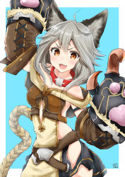 Rule 34 | &gt;:3, 10s, 1girl, :3, ahoge, animal ears, bare shoulders, belt, blush, braid, breasts, brown eyes, center opening, claw (weapon), clothing cutout, collar, erune, fangs, gloves, granblue fantasy, grey hair, long hair, looking at viewer, nayuhi (yukimuu14), open mouth, sen (granblue fantasy), side cutout, simple background, sleeveless, solo, upper body, v-shaped eyebrows, very long hair, weapon