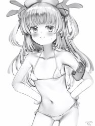 Rule 34 | 1girl, armband, armpits, bikini, blunt bangs, blush, closed mouth, collarbone, dot nose, flat chest, greyscale, hair ornament, hands on own hips, hat, heart, heart print, highres, indie virtual youtuber, long hair, looking at viewer, micro bikini, monochrome, nanashi (nlo), natori sana, navel, nurse cap, pout, pouty lips, rabbit hair ornament, ribs, sana channel, side-tie bikini bottom, sidelocks, simple background, solo, sweat, swimsuit, two side up, virtual youtuber, white background