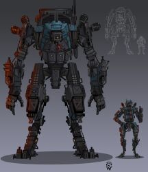 Rule 34 | absurdres, apex legends, cable, commentary, english commentary, full body, grey background, highres, humanoid robot, looking down, looking to the side, mecha, no humans, one-eyed, orange eyes, pathfinder (apex legends), robot, science fiction, shadow, thumbs up, titan (titanfall), titanfall (series), wolfdawg art