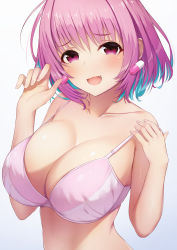 Rule 34 | 1girl, ahoge, bare shoulders, blue hair, blush, bra, breasts, cleavage, collarbone, commentary request, fang, highres, idolmaster, idolmaster cinderella girls, kannko bokujou, large breasts, looking at viewer, multicolored hair, open mouth, pink bra, pink eyes, pink hair, revision, short hair, simple background, smile, solo, two-tone hair, underwear, white background, yumemi riamu