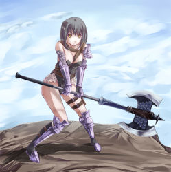 Rule 34 | 1girl, akino komichi, axe, black hair, breasts, cleavage, double bladed axe, fantasy earth zero, female focus, gloves, medium breasts, solo, thigh strap, warrior, weapon, yellow eyes