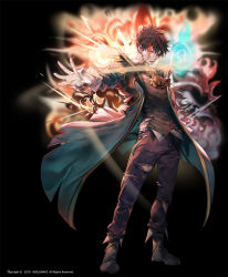 Rule 34 | 1boy, black background, black footwear, black hair, black pants, black vest, boots, coat, flaming eye, gloves, han deawi, hero cantare, heterochromia, highres, long coat, looking at viewer, male focus, official art, open mouth, pants, scar, scar across eye, scar on face, serious, short hair, solo, the god of high school, torn clothes, torn pants, vest, white gloves, yagaaaa