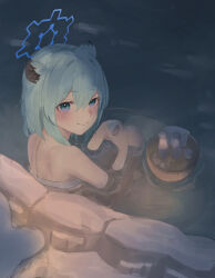 Rule 34 | 1girl, absurdres, animal ears, aqua hair, blue archive, blue eyes, blush, choko (cup), closed mouth, commentary request, cup, from behind, gradient eyes, guimon, hair between eyes, halo, highres, looking at viewer, medium hair, multicolored eyes, naked towel, onsen, purple eyes, shigure (blue archive), smile, solo, tokkuri, towel, weasel ears, weasel girl, wet