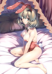 Rule 34 | 10s, 1girl, absurdres, animal ears, bare shoulders, barefoot, bed, bed sheet, blue eyes, blush, bow, bowtie, breasts, brown hair, canopy bed, cleavage, detached collar, eyelashes, fake animal ears, from above, from side, full body, green eyes, grey hair, heterochromia, highres, idolmaster, idolmaster cinderella girls, indoors, large breasts, leotard, long legs, looking at viewer, looking to the side, mole, mole under eye, on bed, pillow, piromizu, playboy bunny, rabbit ears, rabbit tail, short hair, simple background, sitting, smile, solo, strapless, strapless leotard, tail, takagaki kaede, v arms, wrist cuffs, yokozuwari