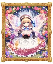 Rule 34 | 1girl, blonde hair, blue ribbon, bug, butterfly, capelet, day, dress, fairy, fairy wings, flower, flower request, framed, fur-trimmed capelet, fur trim, glowing, grass, hair between eyes, hat, insect, layered dress, light particles, light trail, long hair, looking at viewer, mimero (mi meronpan), open hands, original, outdoors, picture frame, pointy ears, purple eyes, ribbon, signature, sitting, smile, solo, tree, underbust, wariza, wings