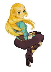 Rule 34 | 1girl, black footwear, black gloves, black pants, blonde hair, blue shirt, boots, braid, breasts, crossed ankles, fingerless gloves, floating, full body, gloves, green eyes, hair ornament, hairclip, hands on lap, highres, light blush, long hair, long sleeves, looking at viewer, looking back, medium breasts, nintendo, pants, parted bangs, parted lips, pointy ears, princess zelda, shirt, side braid, sidelocks, sitting, solo, the legend of zelda, the legend of zelda: breath of the wild, thick eyebrows, turippy, white background