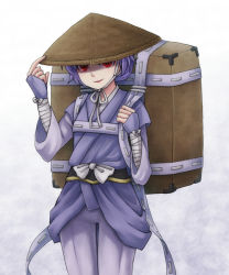 Rule 34 | 1girl, ajirogasa, box, carrying, forbidden scrollery, hat, purple hair, red eyes, reisen udongein inaba, rice hat, shaded face, smile, solo, touhou, white background, ys (fall)