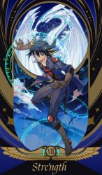 Rule 34 | 1boy, absurdres, black hair, black shirt, blonde hair, blue pants, boots, border, dragon, duel monster, english text, fudo yusei, full body, highres, jacket, knee boots, kneepits, male focus, multicolored hair, open clothes, open jacket, pants, roman numeral, shirt, short hair, solo focus, ssbaby, stardust dragon, streaked hair, strength (tarot), tarot, tarot (medium), yu-gi-oh!, yu-gi-oh! 5d&#039;s