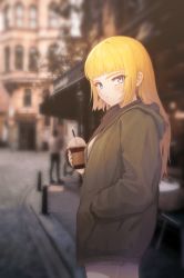 Rule 34 | 1boy, 1girl, 4sm98, absurdres, blonde hair, blue eyes, blunt bangs, blush, brown jacket, city, closed mouth, commentary request, commission, cowboy shot, cup, day, expressionless, hand in pocket, highres, holding, holding cup, jacket, long hair, looking at viewer, original, outdoors, standing