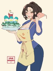 Rule 34 | 1girl, apron, artist name, blue shirt, blush, breasts, brown eyes, brown hair, cleavage, collared shirt, commentary, creatures (company), food, food on face, fuecoco, game freak, highres, holding, kamii momoru, large breasts, mature female, mother (pokemon), nail polish, nintendo, open clothes, open shirt, paldea mother, pants, pastry bag, pokemon, pokemon sv, quaxly, shirt, simple background, smile, solo, sprigatito, themed object, yellow apron
