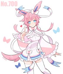 Rule 34 | 10s, 1girl, animal ears, blue eyes, blush, bow, breasts, creatures (company), detached sleeves, dress, game freak, gen 6 pokemon, hair ornament, hair ribbon, heart, hip focus, knees, legs, long sleeves, magical girl, nintendo, personification, pink hair, pokemon, pokemon xy, ribbon, shinzui (fantasysky7), simple background, small breasts, smile, solo, sylveon, thighhighs, white background, white dress, white thighhighs, zettai ryouiki