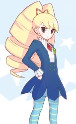 Rule 34 | 1girl, big hair, blonde hair, blue pantyhose, blush, brown eyes, closed mouth, drill hair, hand on own hip, long hair, looking at viewer, luna platz (mega man), mega man (series), mega man star force, pantyhose, simple background, solo, star (symbol), striped clothes, striped pantyhose, suta (clusta), twin drills