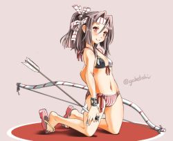 Rule 34 | 10s, 1girl, arrow (projectile), bikini, bow (weapon), breasts, brown eyes, brown hair, headband, kantai collection, kneeling, long hair, ponytail, sandals, small breasts, smile, sogabe toshinori, solo, swimsuit, weapon, zuihou (kancolle)