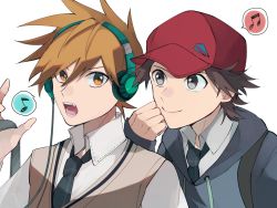 Rule 34 | 2boys, alternate costume, black necktie, blue oak, brown eyes, brown hair, closed mouth, commentary, creatures (company), game freak, hand up, hat, headphones, hood, hoodie, listening to music, male focus, multiple boys, musical note, necktie, nintendo, norisukep, open mouth, pokemon, pokemon frlg, red (pokemon), red headwear, shirt, short hair, smile, spiked hair, spoken musical note, symbol-only commentary, teeth, tongue, upper body, vest, white background, white shirt