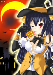 Rule 34 | 10s, 1girl, absurdres, bare shoulders, black hair, blush, breasts, cleavage, crescent moon, hair ornament, halloween, hat, heart, highres, kiss, kurozero, long hair, looking at viewer, moon, neptune (series), noire (neptunia), object kiss, one eye closed, pumpkin, red eyes, ribbon, solo, twintails, witch, witch hat