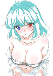 Rule 34 | 0002koko, 1girl, :&lt;, absurdres, ahoge, bare shoulders, blue eyes, blue hair, blush, breasts, cleavage, closed mouth, collarbone, commentary request, embarrassed, eyes visible through hair, hair between eyes, heterochromia, highres, large breasts, lips, long sleeves, looking at viewer, medium hair, navel, nose blush, open clothes, open shirt, red eyes, shirt, simple background, sketch, solo, tatara kogasa, touhou, tsurime, upper body, white background, white shirt