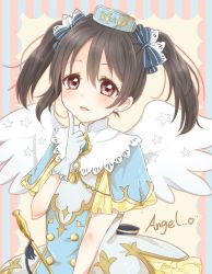 Rule 34 | 10s, 1girl, angel, angel wings, black hair, bow, dress, finger to cheek, gloves, hair bow, hat, highres, looking at viewer, love live!, love live! school idol festival, love live! school idol project, mashuhope (chinesere), red eyes, solo, striped, striped background, twintails, vertical stripes, white gloves, wings, yazawa nico