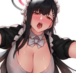 Rule 34 | 1girl, absurdres, alternate costume, black dress, black hair, blue archive, blush, breasts, cleavage, commentary request, detached collar, dress, enmaided, hair ornament, hairclip, half-closed eyes, halo, highres, hua-j, large breasts, long hair, looking at viewer, maid, maid headdress, open mouth, red eyes, rio (blue archive), saliva, short sleeves, simple background, solo, teeth, tongue, upper body, upper teeth only, white background