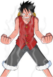 Rule 34 | 1boy, clenched hands, gear second, hat, hat on back, male focus, messy hair, monkey d. luffy, one piece, red vest, shorts, solo, stampede string, straw hat, vest