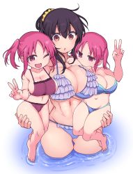 Rule 34 | 3girls, :o, ;d, barefoot, bikini, black hair, blue bikini, breasts, brown eyes, carrying, commentary request, cool-kyou shinja, frilled bikini, frills, hair between eyes, hair ornament, hair scrunchie, hand up, highres, large breasts, looking at viewer, multiple girls, navel, one eye closed, open mouth, oppai loli, original, partially submerged, pink eyes, pink hair, purple bikini, red bikini, scrunchie, short hair, shortstack, simple background, smile, swimsuit, toes, twintails, v, water, white background, yellow scrunchie