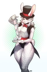 Rule 34 | 1girl, absurdres, animal ears, artist name, card, commission, furry, furry female, grin, hat, highleg, highres, magician, original, pgm300, playing card, rabbit ears, rabbit girl, rabbit tail, smile, solo, tail, top hat, white hair