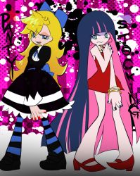 Rule 34 | 2girls, annoyed, blonde hair, blue eyes, bow, bracelet, cosplay, costume switch, covering privates, dress, english text, frown, gothic lolita, hair bow, high heels, jewelry, lolita fashion, long hair, multicolored hair, multiple girls, nail polish, panty &amp; stocking with garterbelt, panty (psg), pink hair, purple hair, red dress, shoes, siblings, sisters, stocking (psg), thighhighs, two-tone hair, very long hair