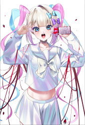 Rule 34 | 1girl, :d, absurdres, blood, bloody tears, blue bow, blue eyes, blue hair, blunt bangs, blush, bow, cellphone, chouzetsusaikawa tenshi-chan, collarbone, collared shirt, cowboy shot, eyeshadow, gradient hair, groin, hair bow, highres, holding, holding phone, holographic clothing, inui kentarou, large bow, long hair, long sleeves, looking at viewer, makeup, midriff, miniskirt, multicolored hair, multicolored nails, nail polish, navel, needy girl overdose, open mouth, phone, fake phone screenshot, pink bow, pink hair, pleated skirt, purple bow, quad tails, sailor collar, school uniform, shirt, simple background, skirt, smartphone, smile, solo, standing, v, very long hair, white background, white bow
