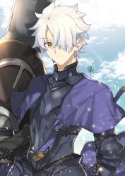 Rule 34 | 1boy, armor, cape, fate/grand order, fate (series), galahad (fate), hair over one eye, highres, holding, holding weapon, looking at viewer, male focus, nikame, shield, solo, weapon, white hair, yellow eyes