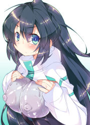 Rule 34 | 1girl, black hair, blue eyes, blush, bodysuit, breasts, cloak, covered erect nipples, furrowed brow, gundam, gundam build divers, gundam build divers re:rise, impossible bodysuit, impossible clothes, kanibasami, large areolae, large breasts, long hair, looking at viewer, may (gundam build divers re:rise), messy hair, nipples, popped collar, solo, upper body