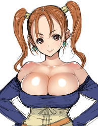 Rule 34 | 1girl, bad id, bad pixiv id, bare shoulders, belt, belt skirt, blue shirt, body blush, breasts, brown eyes, brown hair, bursting breasts, cleavage, corset, dragon quest, dragon quest viii, earrings, hands on own hips, huge breasts, jessica albert, jewelry, light smile, long hair, long sleeves, looking at viewer, off shoulder, poin (hidsuki), purple shirt, shiny skin, shirt, short twintails, simple background, sketch, smile, solo, square enix, twintails, underbust, upper body, white background