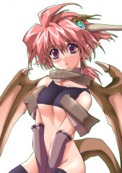 Rule 34 | 1girl, animal ears, bottomless, breasts, dragon, dragon girl, elbow gloves, gloves, horns, monster girl, pointy ears, red eyes, red hair, solo, thighhighs, underboob, wings