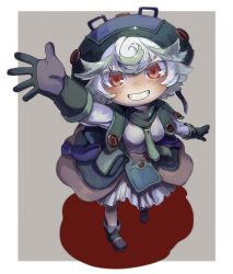 Rule 34 | 1girl, :d, akamtvahosi, arm up, blue hat, blush, border, breasts, child, dress, full body, gloves, green gloves, green hair, green hat, green necktie, green skirt, grey background, grin, hat, highres, looking at viewer, made in abyss, necktie, open mouth, orange eyes, outside border, pigeon-toed, pouch, prushka, shadow, short hair, skirt, small breasts, smile, solo, standing, two-tone headwear, waving, white border, white dress, white hair