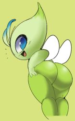 Rule 34 | 1girl, antennae, ass, blue eyes, blush, celebi, colored skin, creatures (company), cropped legs, fairy wings, female focus, from behind, game freak, gen 2 pokemon, green background, green skin, green theme, happy, kneepits, legendary pokemon, legs together, light blush, looking at viewer, looking back, mythical pokemon, nintendo, notice lines, open mouth, pokemon, pokemon (creature), sideways mouth, simple background, smile, solo, vilepluff, white wings, wings