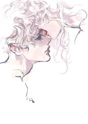 Rule 34 | 1boy, 1girl, androgynous, as (ashes), closed eyes, hair over eyes, mole, mole under mouth, open mouth, original, parted lips, simple background, tongue, tongue out, wavy hair, white background, white hair