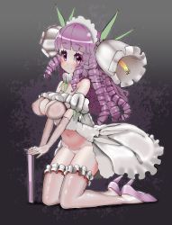 Rule 34 | 1girl, blunt bangs, blush, breasts, cleavage, closed mouth, colored skin, dress, drill hair, elbow gloves, flower, folding fan, full body, gloves, hairband, hand fan, high heels, highres, holding, holding fan, kneeling, large breasts, long hair, looking at viewer, monster girl, navel, nijitama shiyushiyu, original, panties, perky breasts, pink footwear, pink gloves, pink skin, plant girl, purple eyes, purple hair, smile, solo, thighhighs, underwear, white dress, white panties