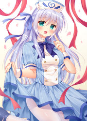 Rule 34 | 1girl, :d, blue footwear, blue hair, blue ribbon, blue shirt, blue skirt, blush, breasts, commentary request, fingernails, fujikura ryuune, green eyes, hair between eyes, hair ribbon, hand up, hat, head tilt, heart, highres, index finger raised, long hair, looking at viewer, medium breasts, nurse, nurse cap, one side up, open mouth, original, pantyhose, petals, pleated skirt, puffy short sleeves, puffy sleeves, red ribbon, ribbon, shirt, shoes, short sleeves, skirt, skirt hold, skirt set, smile, solo, standing, standing on one leg, very long hair, white hat, white pantyhose, wrist cuffs