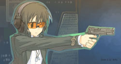 Rule 34 | 00s, 1girl, aiming, androgynous, artist request, dated, dog tags, ear protection, goggles, gun, handgun, kino (kino no tabi), kino no tabi, one eye closed, outline, pistol, safety glasses, short hair, solo, tagme, weapon