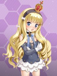 Rule 34 | 1girl, azur lane, bare shoulders, black dress, black hairband, blonde hair, blue eyes, blush, bow, commentary request, covered navel, crossed arms, crown, detached sleeves, diagonal stripes, dress, gloves, hair bow, hairband, head tilt, highres, honeycomb (pattern), honeycomb background, kumaneko rococo, long hair, long sleeves, mini crown, nose blush, open mouth, queen elizabeth (azur lane), solo, strapless, strapless dress, striped background, striped clothes, striped hairband, v-shaped eyebrows, very long hair, white bow, white gloves