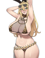 Rule 34 | 1girl, absurdres, areola slip, armpits, arms behind head, arms up, bikini, blonde hair, breasts, chain, choker, commentary, commission, cowboy shot, donburi (donburikazoku), english commentary, goddess of victory: nikke, gold chain, green eyes, hair between eyes, hair intakes, high ponytail, highres, huge breasts, long hair, looking at viewer, navel, o-ring, open mouth, print bikini, rupee (nikke), see-through, simple background, solo, sunglasses, swimsuit, teeth, thighs, upper teeth only, white background, yellow-framed eyewear, yellow bikini, yellow choker