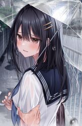 Rule 34 | 1girl, 1other, absurdres, bag, black hair, black sailor collar, blue neckerchief, blush, brown eyes, crying, crying with eyes open, dot nose, from behind, hair between eyes, hair ornament, hairclip, highres, kuro namako, long hair, looking at viewer, neckerchief, original, outdoors, overcast, parted lips, pov, pov hands, puddle, railing, rain, ripples, road, sailor collar, school bag, school uniform, serafuku, shirt, short sleeves, sidelocks, sky, solo focus, straight hair, streaming tears, tears, transparent, transparent umbrella, umbrella, upper body, wet, wet clothes, wet shirt, white shirt