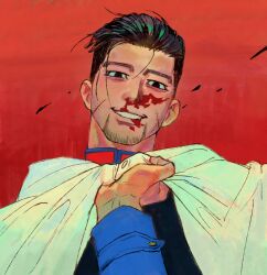 Rule 34 | 2boys, absurdres, ape, black hair, blood, blood from mouth, blood on face, cape, clothes grab, commentary request, facial scar, golden kamuy, grin, hair slicked back, highres, long sleeves, male focus, multiple boys, multiple scars, myqqroom, nosebleed, ogata hyakunosuke, out of frame, outstretched arm, red background, scar, scar on cheek, scar on face, simple background, smile, solid oval eyes, solo focus, sugimoto saichi, teeth, white cape