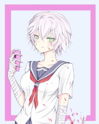 Rule 34 | 1girl, aged up, alternate breast size, bandaged arm, bandages, blackwatchar, blood, blood on clothes, blood on face, blush, border, cellphone, dagger, facial scar, fate/apocrypha, fate (series), green eyes, hair between eyes, highres, holding, holding dagger, holding knife, holding weapon, jack the ripper (fate/apocrypha), knife, looking at viewer, phone, pink border, reverse grip, sailor collar, scar, scar across eye, scar on cheek, scar on face, school uniform, shatter, short hair, short sleeves, smartphone, solo, type-moon, weapon, white hair