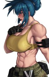 Rule 34 | 1girl, abs, armlet, bare shoulders, blue eyes, blue hair, breasts, camouflage, camouflage pants, dog tags, earrings, gloves, highres, jewelry, large breasts, leona heidern, lipstick, makeup, mootium, muscular, muscular female, navel, pants, ponytail, pouch, simple background, solo, tank top, the king of fighters, the king of fighters xiv, the king of fighters xv, twitter username, white background, yellow tank top
