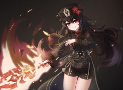 Rule 34 | absurdres, black hair, black jacket, black nails, black shorts, brown hair, commentary request, fire, genshin impact, gradient hair, grin, highres, holding, holding staff, hu tao (genshin impact), jacket, jewelry, long hair, long sleeves, looking at viewer, multicolored hair, nail polish, red eyes, red shirt, ring, shirt, short shorts, shorts, smile, solo, staff, standing, stratosphere (coom1017), thigh gap, very long hair, wide sleeves
