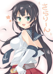 Rule 34 | 10s, 1girl, agano (kancolle), anchor symbol, bare shoulders, belt, beritabo, black hair, breasts, elbow gloves, eyebrows, gloves, green eyes, kantai collection, large breasts, long hair, looking to the side, neckerchief, necktie, open mouth, pleated skirt, red skirt, school uniform, serafuku, skirt, solo, white gloves