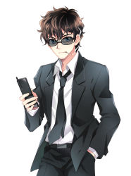 Rule 34 | 1boy, blue eyes, brown hair, cellphone, cigarette, formal, hand in pocket, m-ca, male focus, matsuda jinpei, mca (dessert candy), meitantei conan, messy hair, necktie, phone, smile, solo, suit, sunglasses, white background